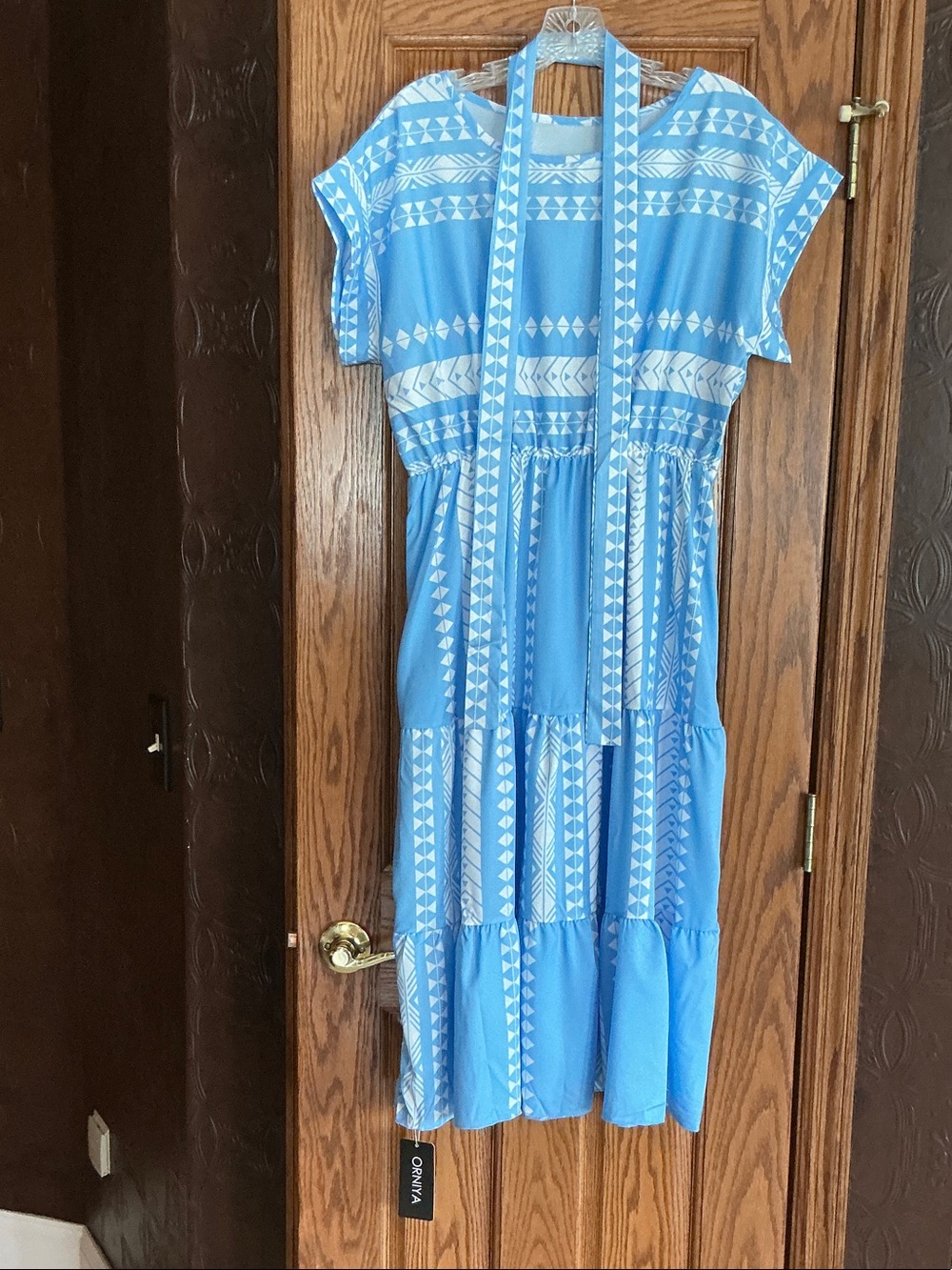Blue Patterned Tiered Dress with Tie Belt